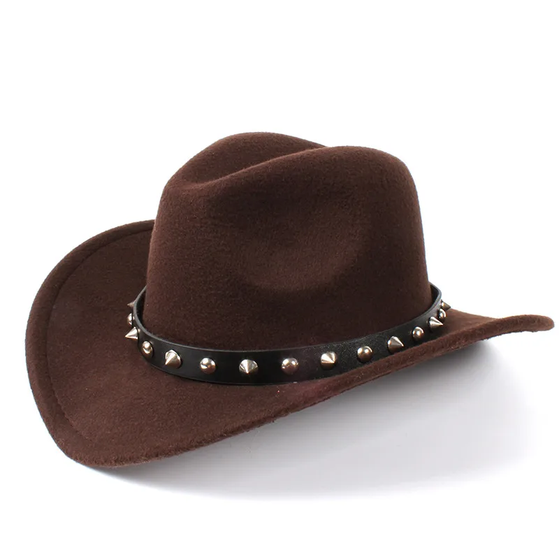 Для женщин шерстяной фетр западная ковбойская шляпа с засучить шляпа с широкими полями джентльмен леди Джаз в ковбойском стиле; ботильоны с заклепками в стиле «панк» на поясе шляпы сомбреро C18