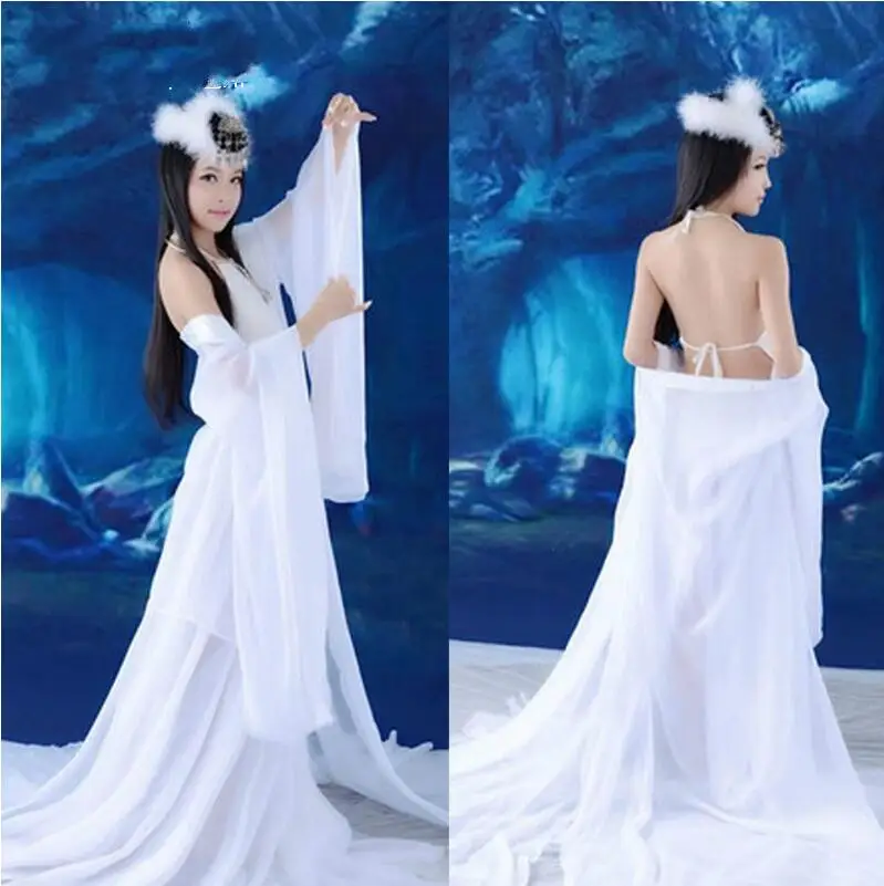 Сексуальное танцевальное платье белые костюмы Тан ханьфу Древняя китайская одежда сказочный костюм Великолепный костюм принцессы Китайский народный танец