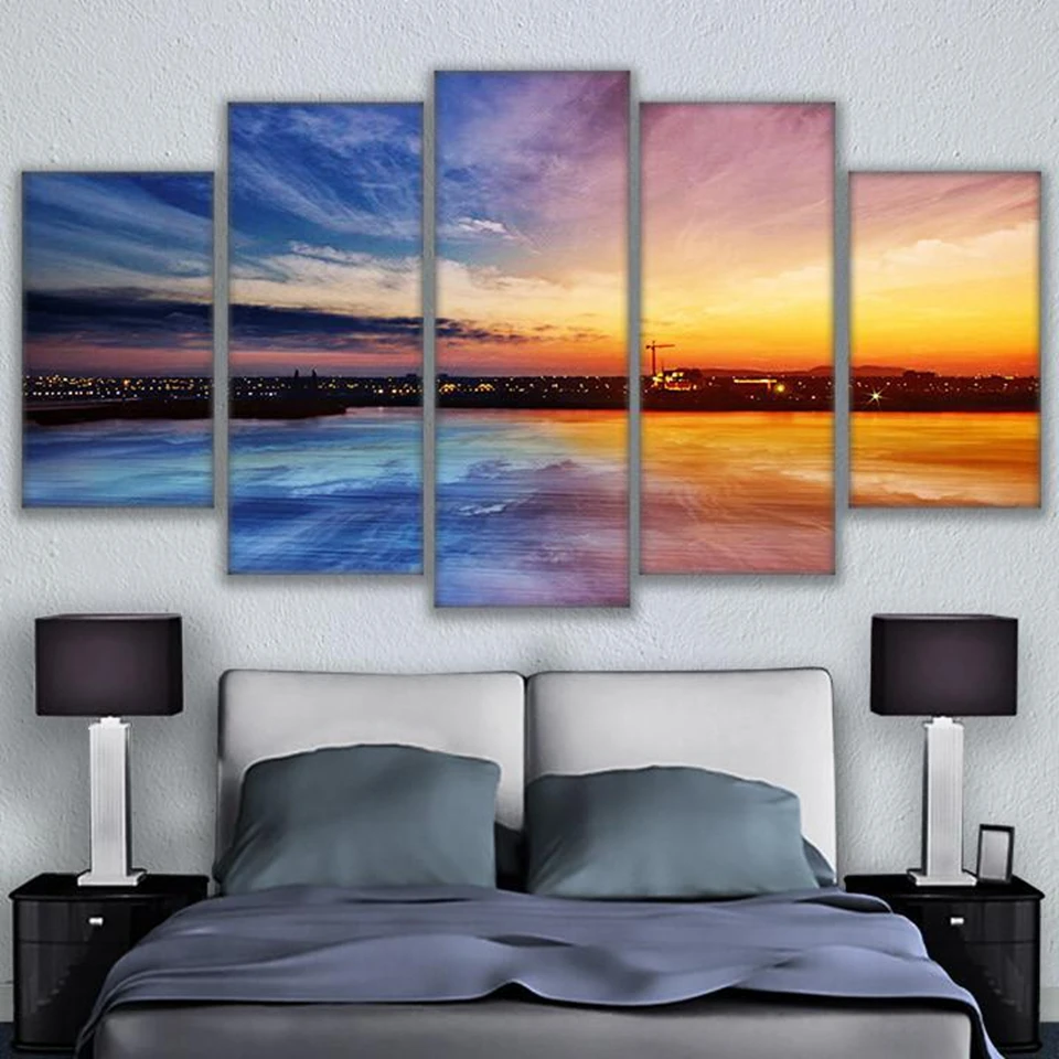 

Modular Wall Art Canvas Painting 5 Pieces City On The Water Sunset Landscape Pictures Living Room Home Decor Poster Frame PENGDA