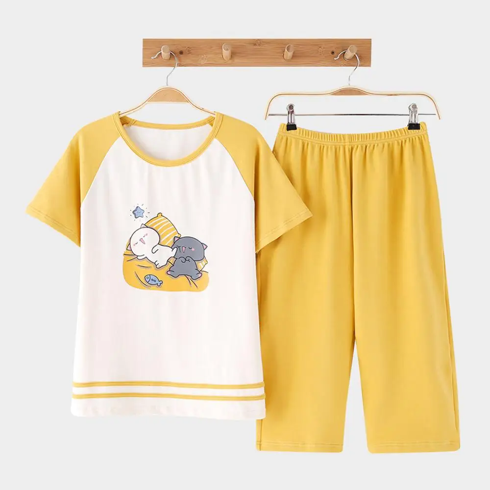 DANALA хлопковые повседневные женские пижамы, комплекты летних пижам с принтом животных, модные комплекты одежды для сна с коротким рукавом, домашние костюмы, одежда для сна для женщин - Цвет: Sleepwear-Yellow