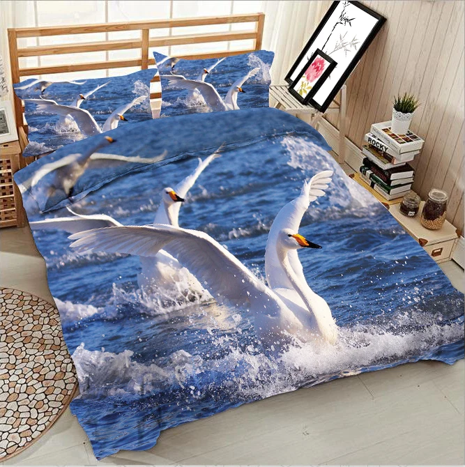 

White swan spreading its wings in the lake 3d effect photo bed linen can be customized photo pattern