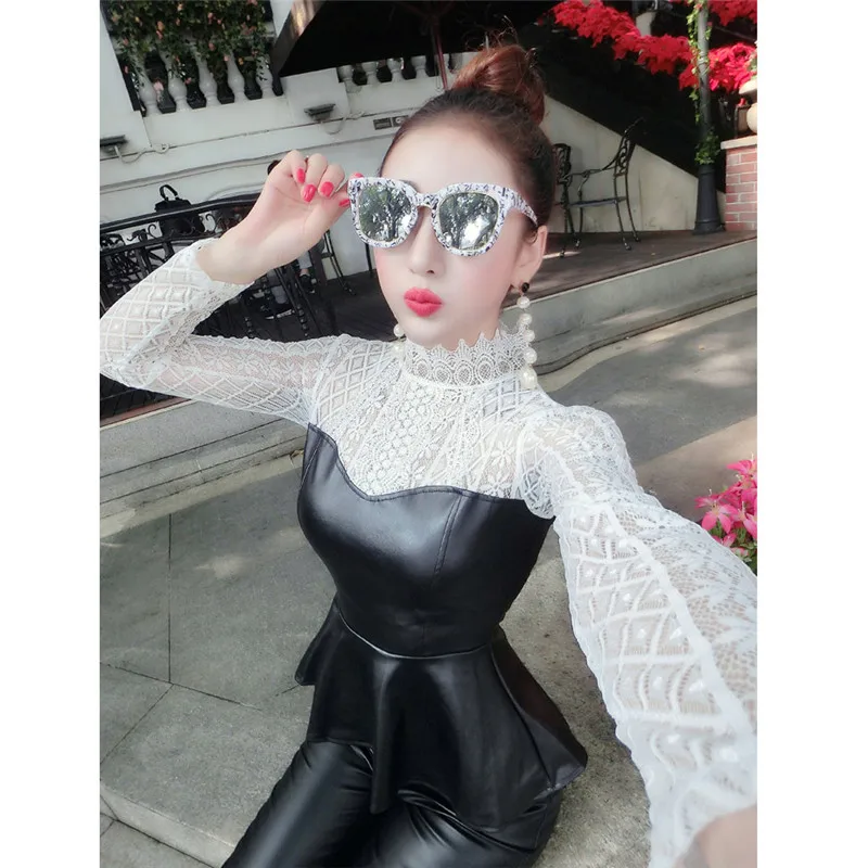 Женская кружевная блузка с оборками Повседневная ажурная из искусственной кожи