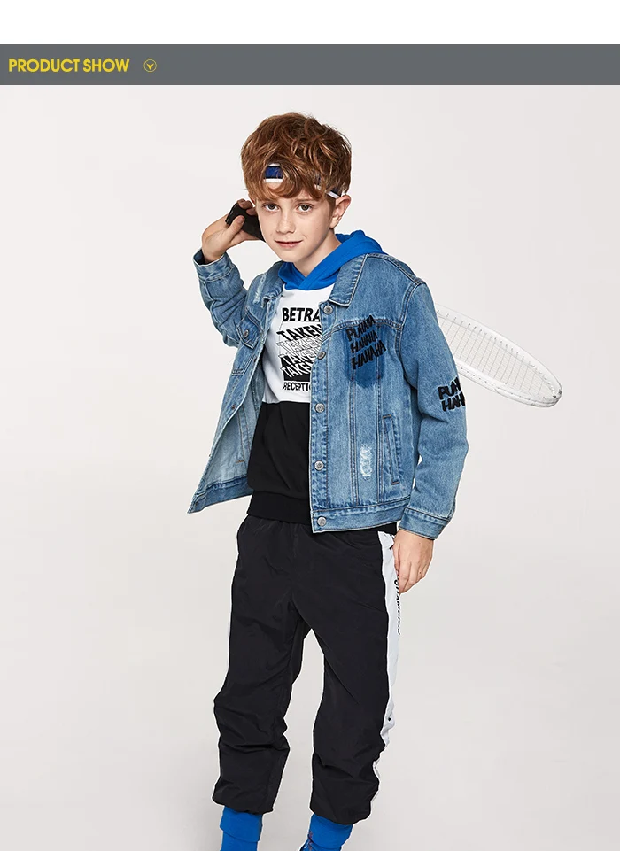 Balabala/джинсовая куртка с воротником для мальчиков; Модная Джинсовая куртка с аппликацией; детская куртка для мальчиков-подростков; весенне-осенняя одежда