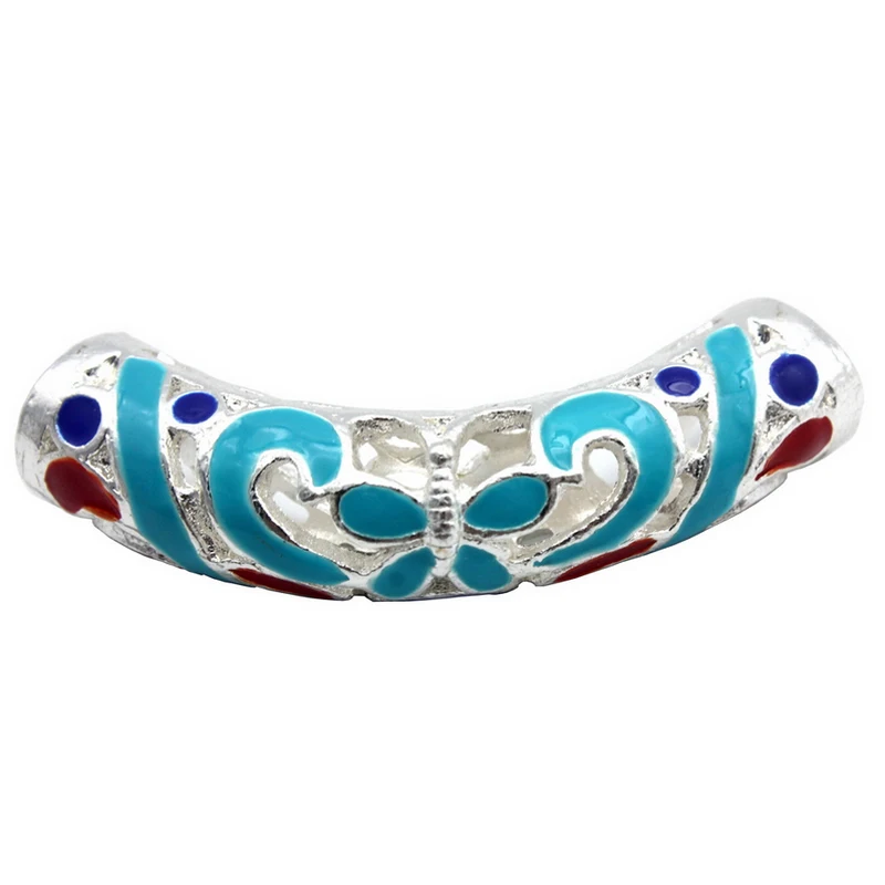 

2pcs 7mm Hole Silver Sliders with Blue and Red Pattern,Tibet Curved Tube Butterfly Slider For DIY Bracelet Necklace Hair Jewelry