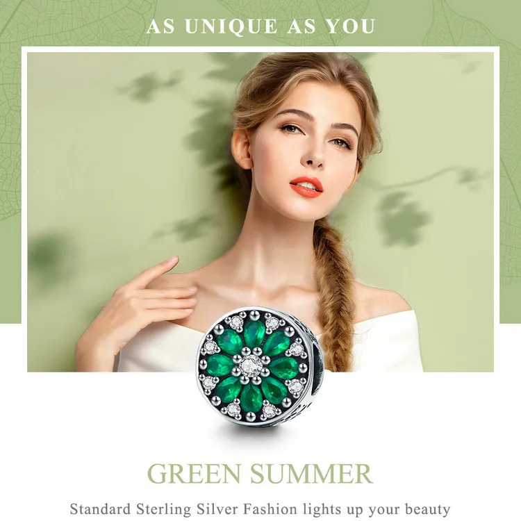 BAMOER 925 пробы Серебряная Летняя коллекция светящийся зеленый кристалл CZ Круглые бусины подходят для браслета и ожерелья ювелирные изделия SCC629