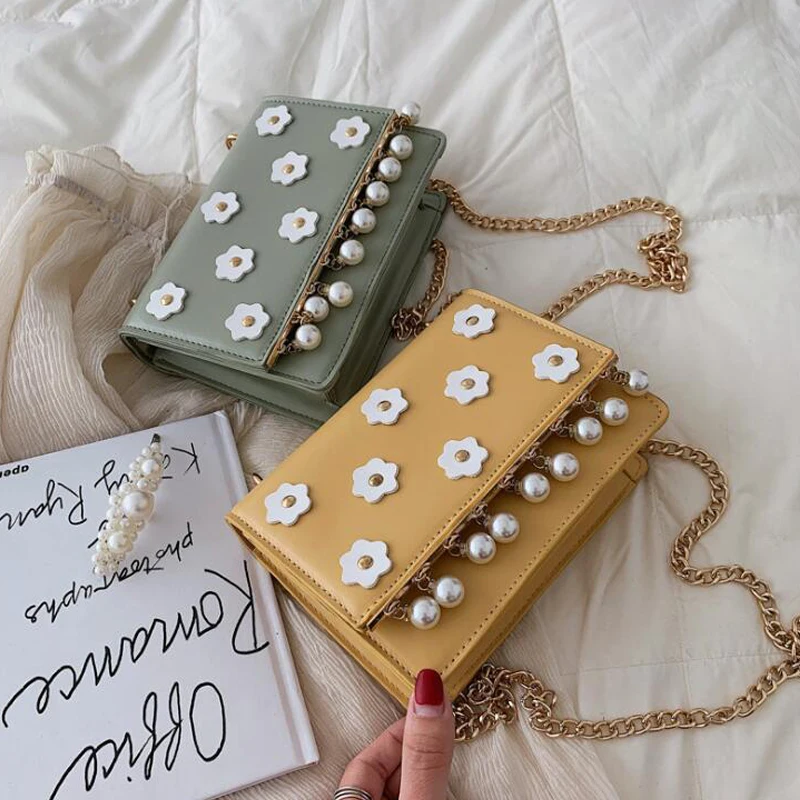 

New Pearl Flower Design Women's Bag Fashion Flap Ladies Shoulder Bags Trendy Chain Crossbody Bags For Female Handbags