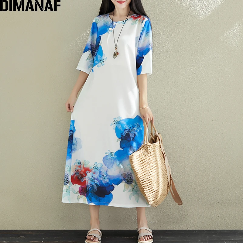 

DIMANAF Plus Size Women Dress Summer Female Elegant Lady Vestidos Sundress Big Size Loose Print Floral Dress Chinese Style 2019