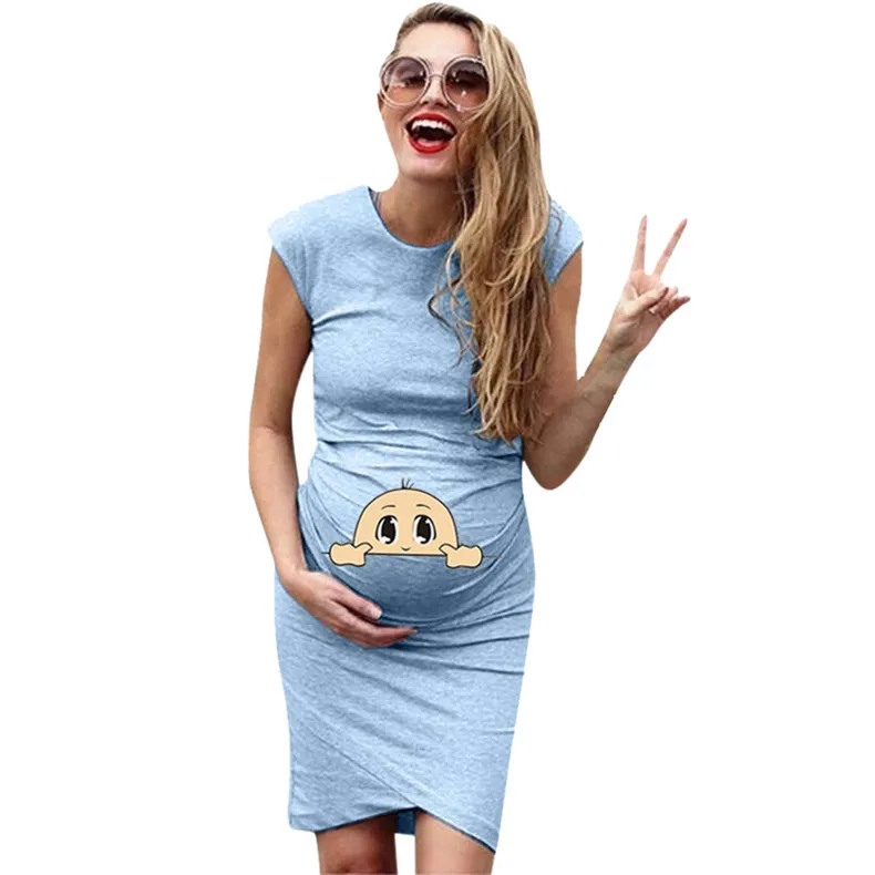 Платье для беременных без рукавов с мультяшным принтом; Лидер продаж; модное облегающее платье для беременных; Vestidos Embarazada; фотосессия для беременных женщин - Цвет: Light blue
