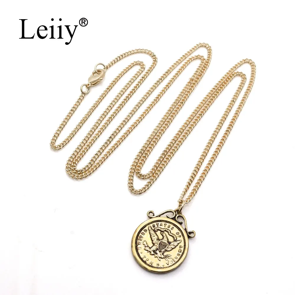 Leiiy Jewellery Gold Цвет металла длинной цепи Винтаж Большая печать кулон Соединенные