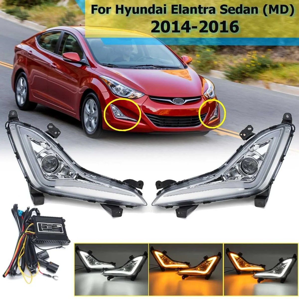 

Front Led DRL Turn Signal For Hyundai Elantra Sedan 2014 2015 2016 Daytime Running Light Fog Lamp Driving Car Accessories