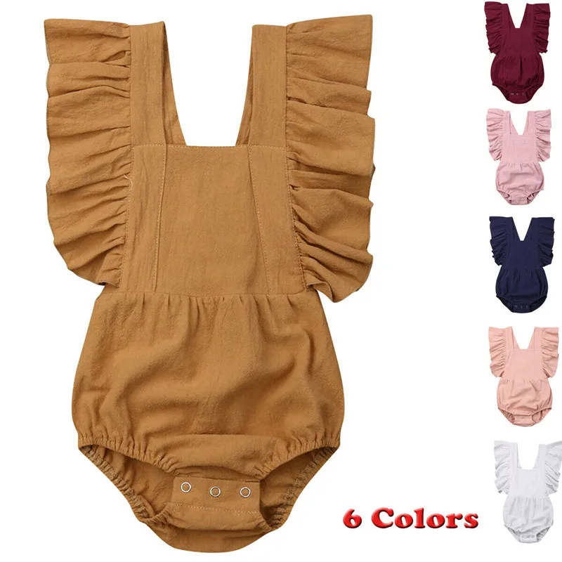 

Brief Infant Baby Girl Solid Bodysuit Summer Cotton Clothes Ruffle Flying Sleeve Sunsuit Baby Girls Back Cross Playsuit 0-24M
