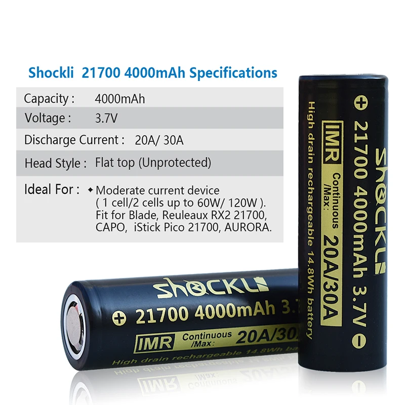 Shockli 21700 4000mAh литий-ионная батарея 3,7 V 30A 21700 литиевая батарея 30A разряда для электрического велосипеда, высокомощная техника