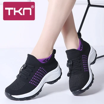 

TKN 2019 Spring Women Sock Sneakers Lace Up Flats Platform Walking Shoes Woman Chaussure Femme Breath Mesh Sapatos Feminino 1855