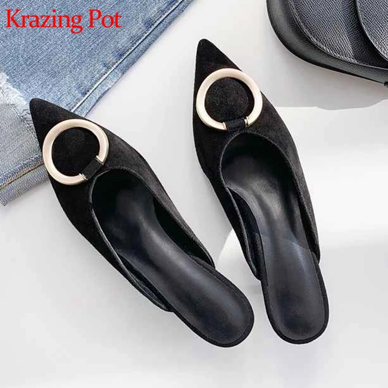 

Krazing pot full grain leather high quality summer party pointed toe female superstar circle buckle med heels shallow pumps l23