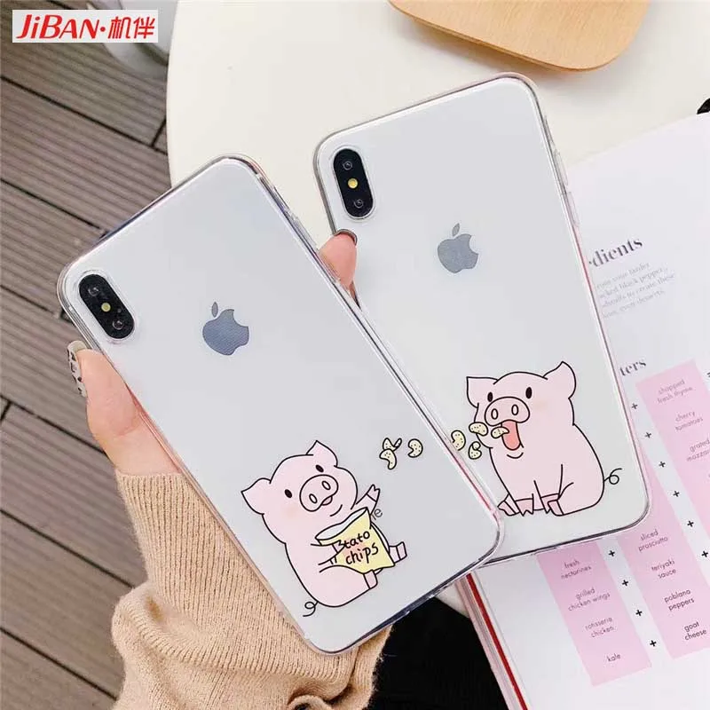 JIBAN Couple pet pig Cartoon Phone Case for iphone X XR XSMAX 6 6s 6plus 7 7plus 8plus Cases TPU transparent protective cover |