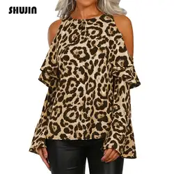 SHUJIN Мода 2018 г. Leopard для женщин шифон блузки для малышек пикантные с открытыми плечами рубашки мальчиков повседневное Flare рукавом женс