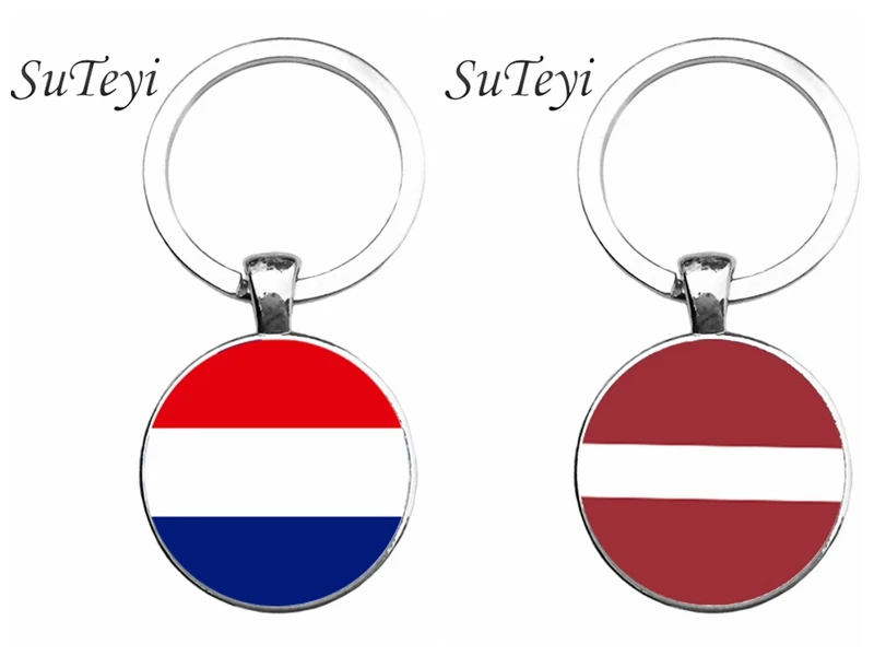 

SUTEYI Vintage Netherlands/Latvia Flag Pendant Key Chain Jewelry Women/Men Bag Keychain Round Glass Silver Plated Key Ring