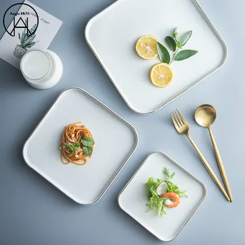 

European-style Gold Ceramic Square Plate Dinner plates Household Steak Plate Tableware Container Flat Tray Pasta Dish Dishes