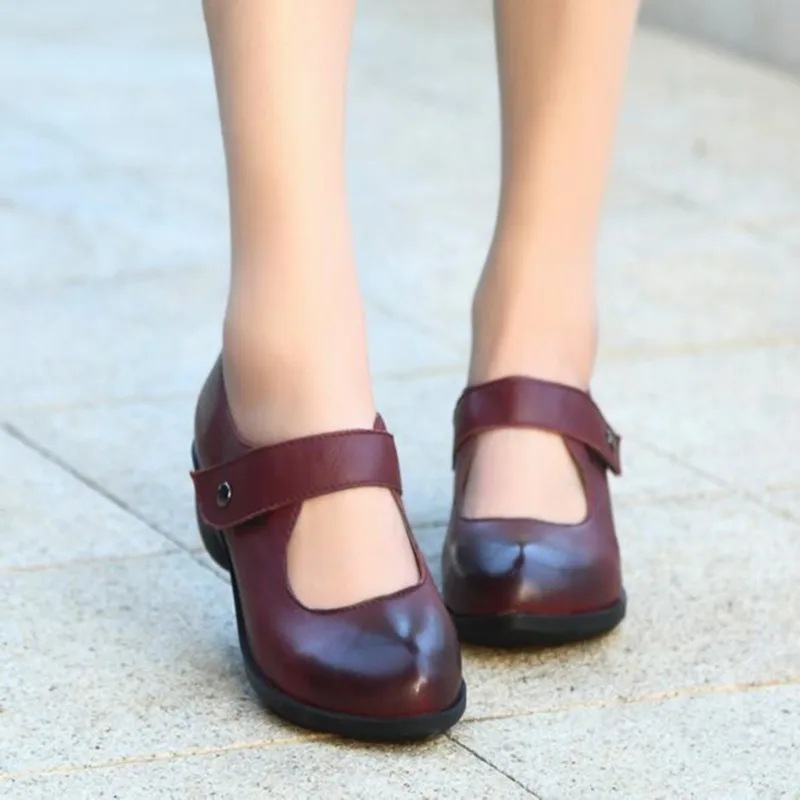 Vintage Genuine Leather Handmade Women s Shoes Elegant Button Thick Heels Shoes Claretred Wine Red Women