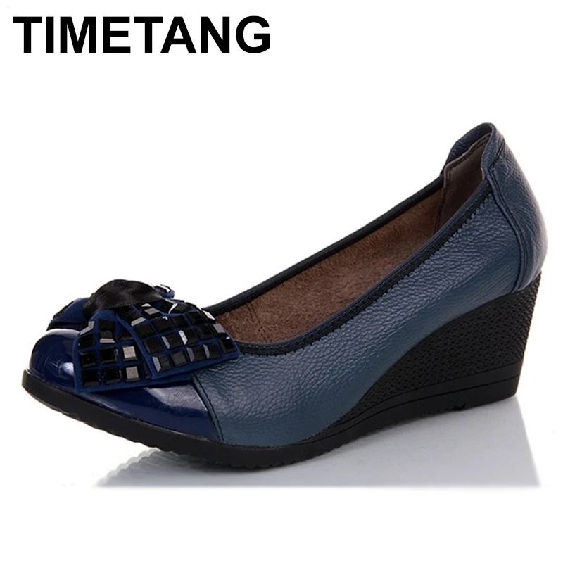 

TIMETANG 2018 New Fashion High Heels Women Genuine Leather Single Casual Shoes Woman Wedges Comfortable Women Pumps