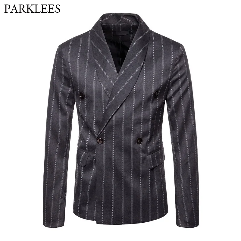 

British Style Striped Print Suit Jacket Men 2018 Brand New Shawl Collar Double Breasted Blazer Jacket for Men Terno Masculino