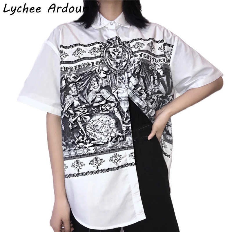 Lychee Ardour винтажная блузка с рисунком короткий рукав на пуговицах топы отложным
