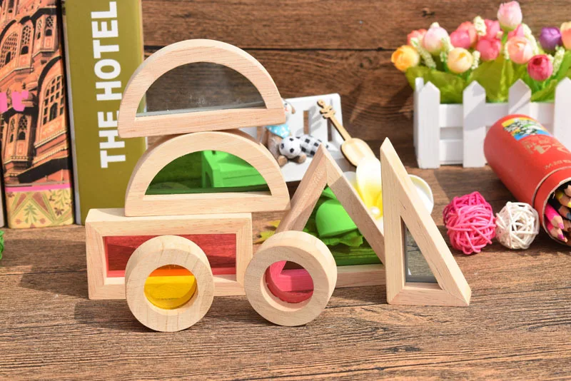 Tanie Rainbow bloki 24 sztuk geometryczne montaż bloki akrylowe drewniane zabawki dla dzieci kreatywny budynek bloki edukacyjne zabawki dla dzieci