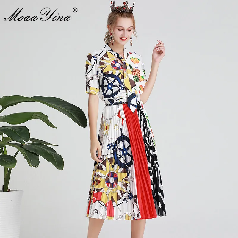 

MoaaYina Fashion Designer Set Spring Autumn Women Fruit Print Elegant Tops+Knee-Length Pleated Skirt Two-piece suit
