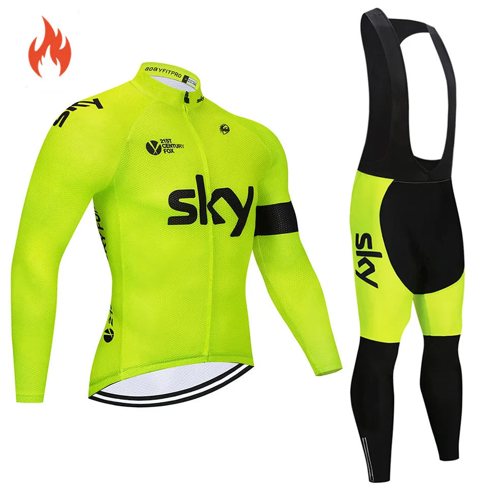

2018 Pro team Winter thermal Fleece Cycling jersey set abbigliamento ciclismo invernale bicycle clothing MTB bike jersey top sky