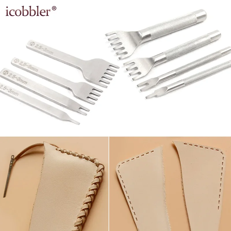 

Profession Leather Flat Chisel Set Tool for Weaving Hole Punches Stitching DIY LeatherCraft Lacing 2.5/3mm Prong Strong Steel