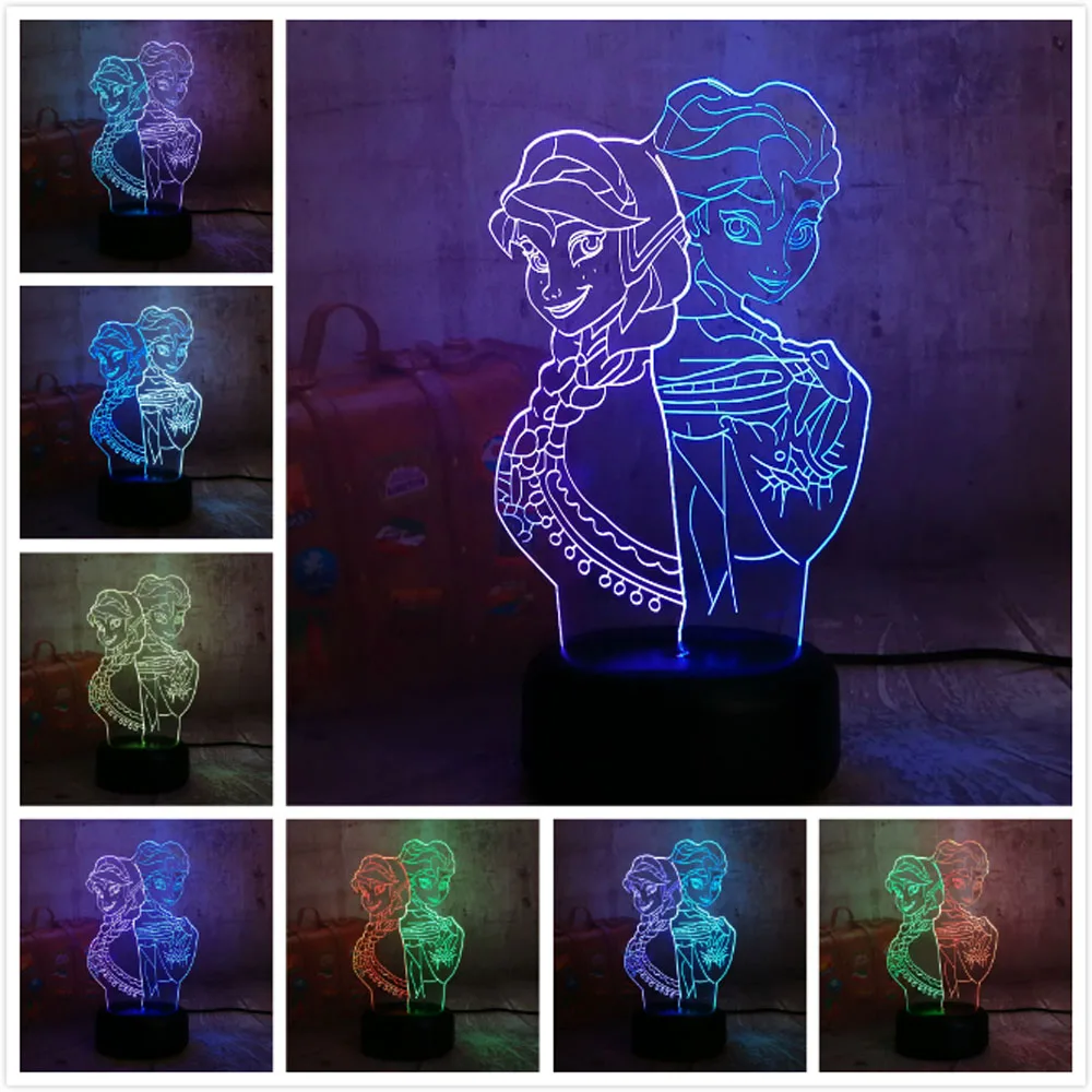 3D LED Ночник светильник Эльза/Анна девочка лампа для принцесс мультяшная фигура