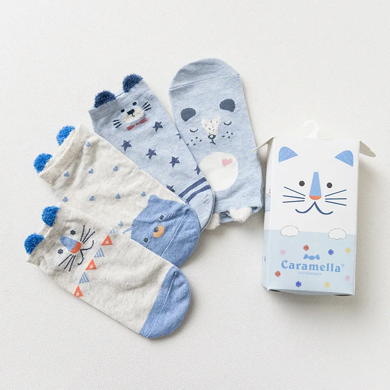 high quality women socks gift box 4 pair cute cat printed color cotton animals women fashion short lady ankle socks
