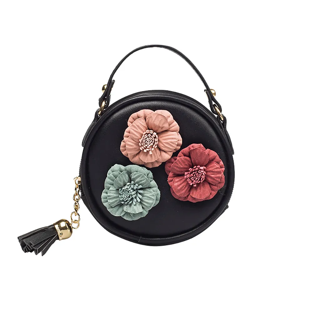 Круговой сумки для, женская обувь с кисточками для девочек круг-Форма цветочные Сумки из натуральной кожи сумка через плечо от Курьерские сумки для девочек 25 - Цвет: black