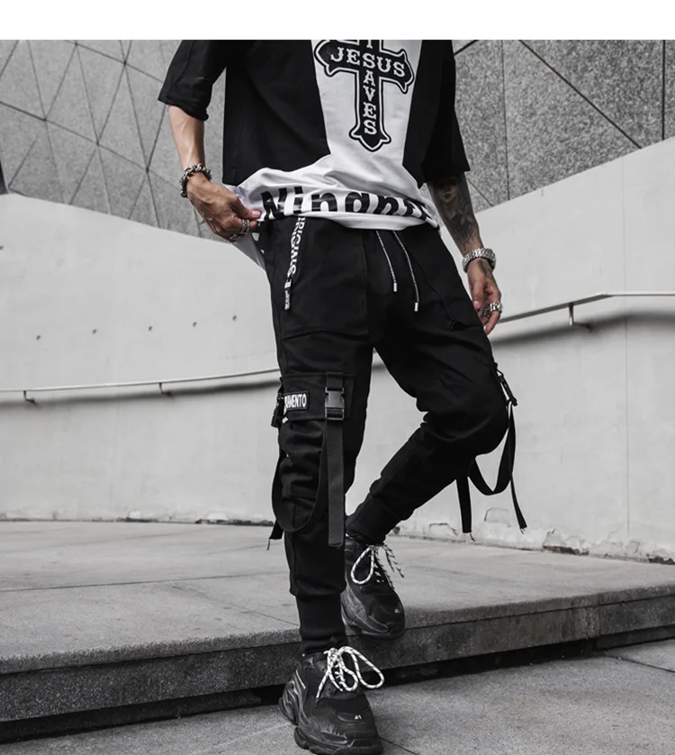 Весна лето мужская сумка с карманами эластичная талия бегунов хип хоп панк шаровары мужские повседневные винтажные брюки карго уличная