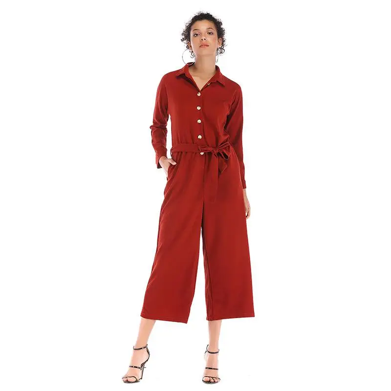 

2019 Hot New European And American Women's Single-breasted Waist Belt Jumpsuit Female Solid Color Lapel Long Wide-leg Pants