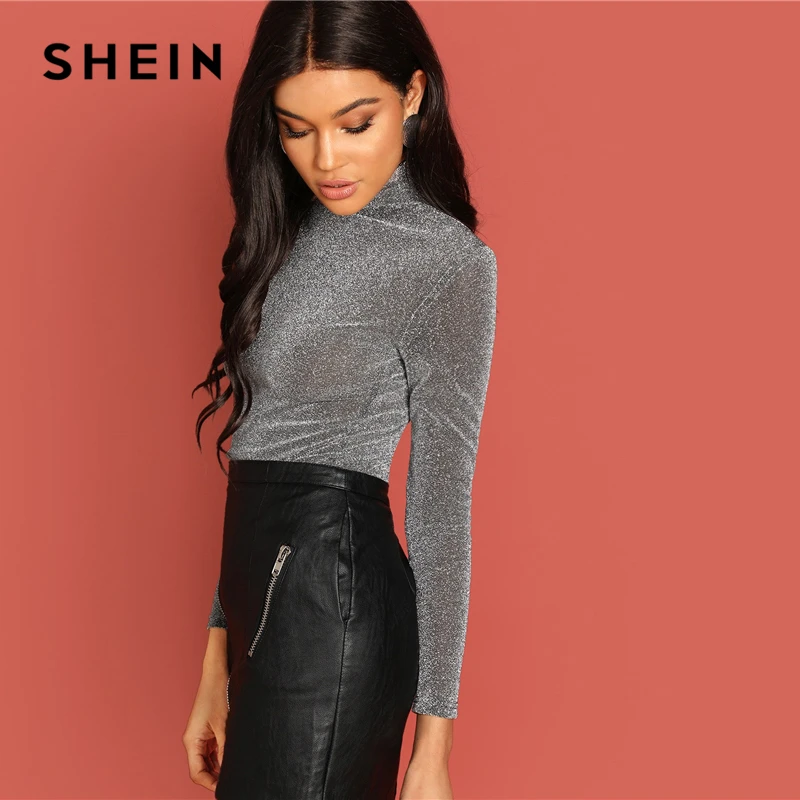 SHEIN серая Блестящая футболка с воротником стойкой современная Женская