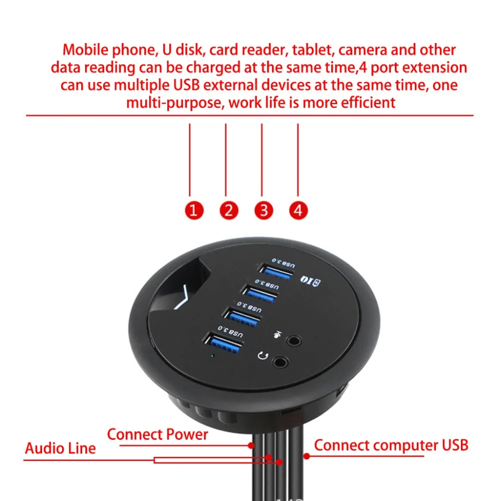  New Mounting In-Desk 4 Ports USB 3.0 Hub High Speed External Expansion Adapter For Laptop PC Comput