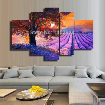 

100% Hand-Painted Wall Art Home Decoration Landscape Lavender Oil Painting On Canvas 5pcs/set No Framed