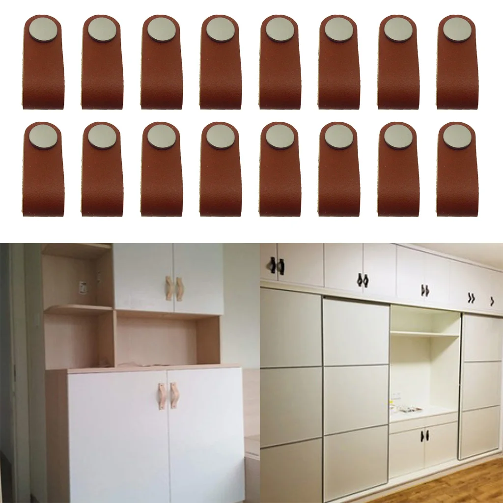 16x Handmade Leather Suitcase Handle Drawer Cabinet Leather Handle Pulls Knob