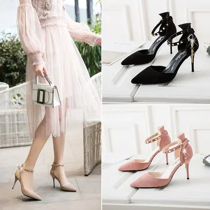 

2019 spring new European and American pointed toe stiletto heels high-heeled buckle with female hollow wild women's shoes