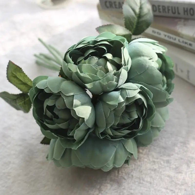dark green 6 головок круглый пион Свадебный букет синий Искусственные цветы розовый Шелковая Роза цветок для свадьбы Вечерние партия украшения Flore - Цвет: dark green