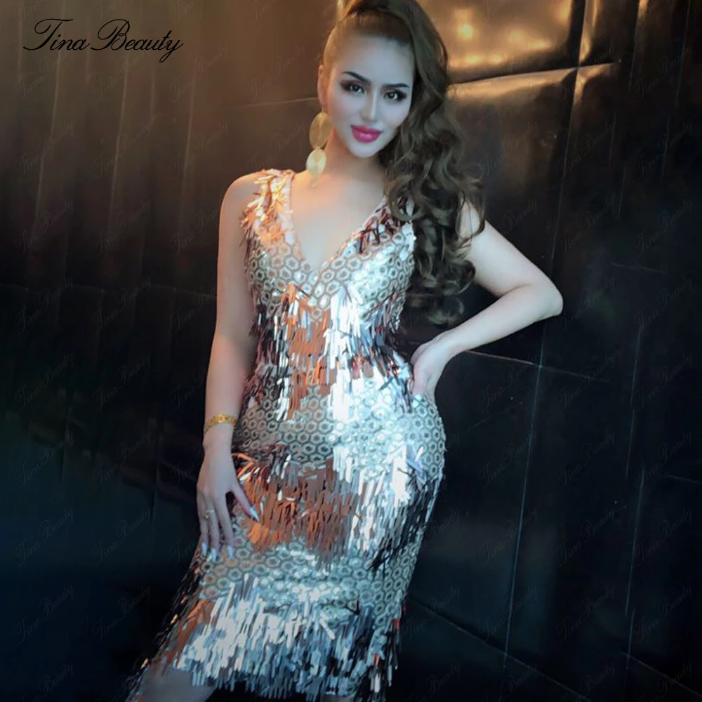 

Tina Beauty 2019 Summer Golden Sequined Dress V-Neck Sleeveless Hexago Dress Female Sexy Bodycon Party Dress Vestidos Verano