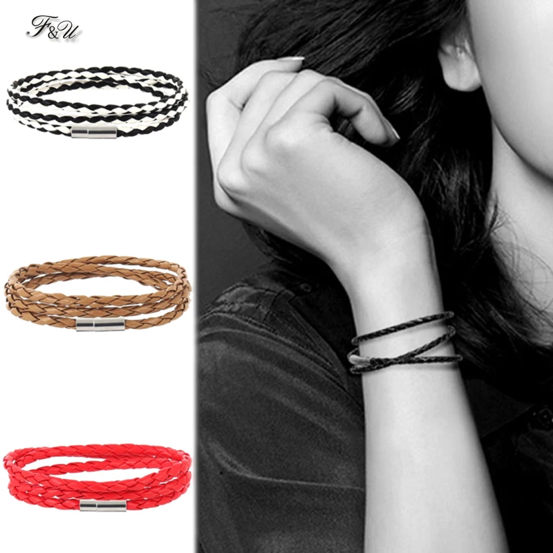 

F&U Multi Layers Leather Bracelet Color Leather Cord With Copper buckle Bracelet Charm For Women & Men Jewelry 6Colors Available