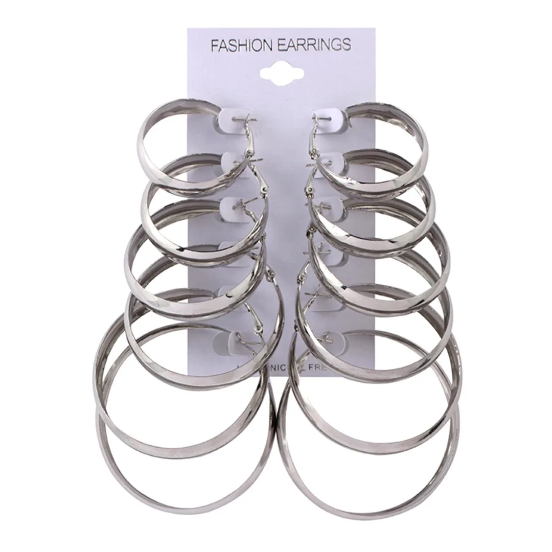 New 6 Pairs/set Vintage Dangle Big Circle Hoop Earrings Gold Silver Women Steampunk Ear Clip Shellhard Punk Ear Set Jewelry