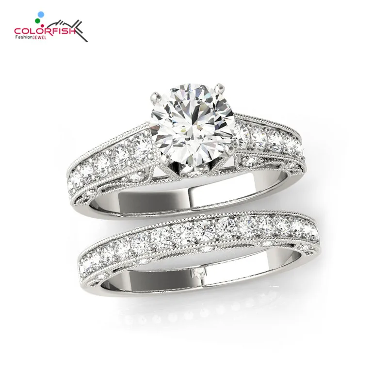 

COLORFISH Round Cut Real 925 Sterling Silver Jewelry Wedding Rings Set For Women Bague Femme Brilliant Zircon Engagement Ring