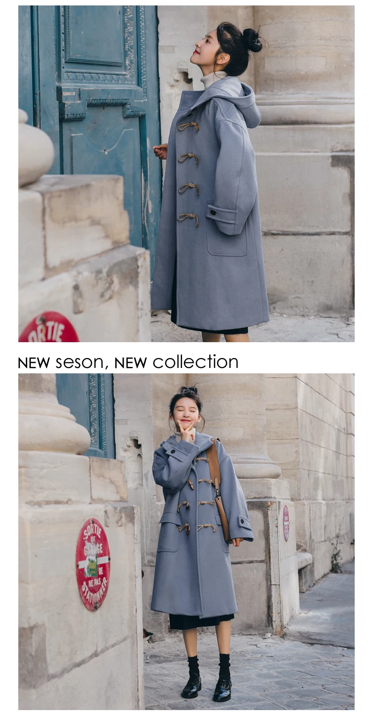 Новое осенне-зимнее женское Шерстяное Пальто кашемировое теплое толстое Свободное длинное пальто большого размера модная однотонная шерстяная куртка с капюшоном CW184