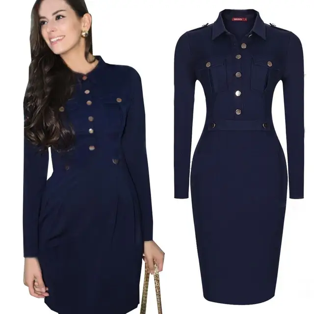 Women Military Dress With Belt On Up Pockets Navy Blue Causal Women Military Dress With Belt On Up Pockets Navy Blue Causal Long Sleeve Autumn L Wear