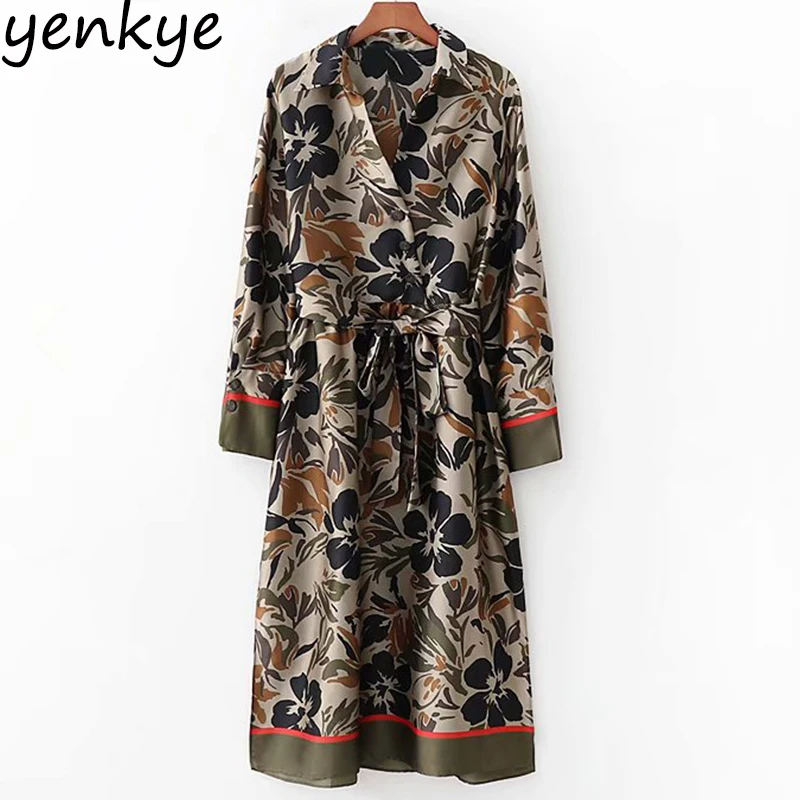 Koop Winter Vrouwen Vintage Bloemenprint Jurk Lady Turn down Kraag Lange Mouwen Met Riem A lijn Shirt Jurk Casual Midi tuniek