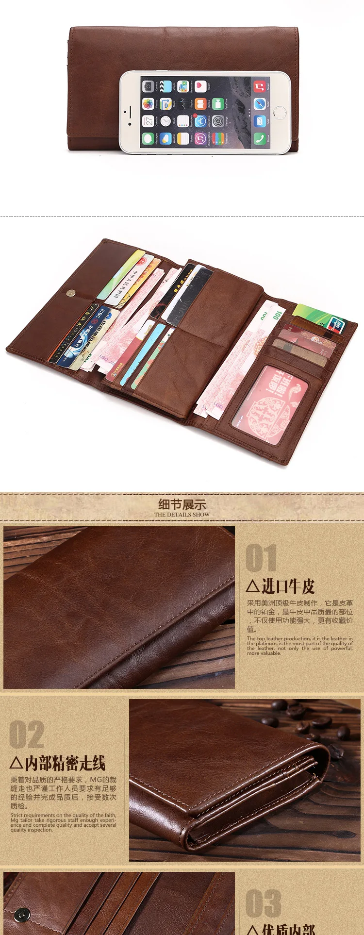 Длинный мужской кошелек из натуральной кожи, винтажный клатч, сумочка для ID/кредитных карт, отделение для монет, кошелек из воловьей кожи