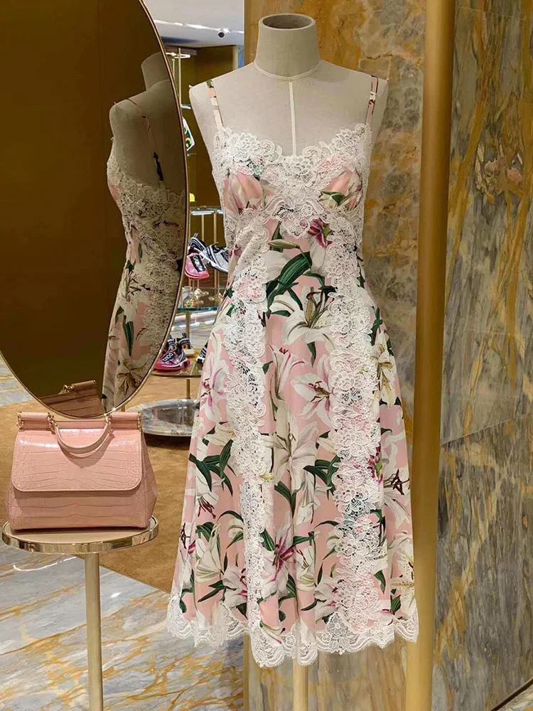 Svoryxiu элегантный лилии Цветочный принт в стиле пэчворк с кружевом и вышивкой С НАБОРНЫМИ БРЕТЕЛЬКАМИ платье Для женщин для подиума летние пикантные платье vestdios
